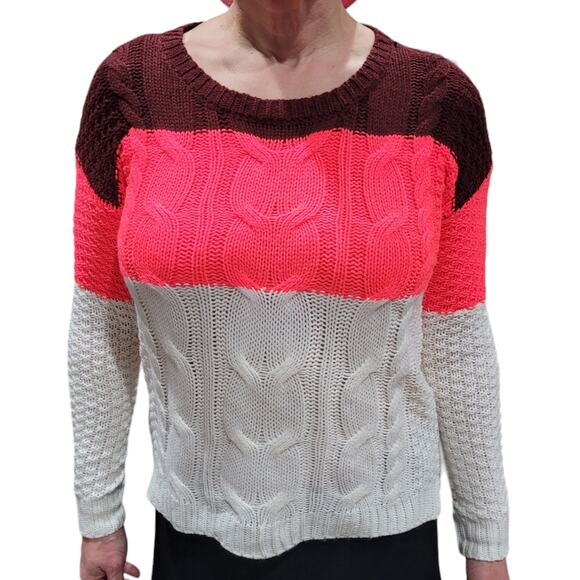 SO Womens Neon Color Block Cable Knit Sweater Sz Small Fisherman Dopamine Cute - Picture 1 of 7